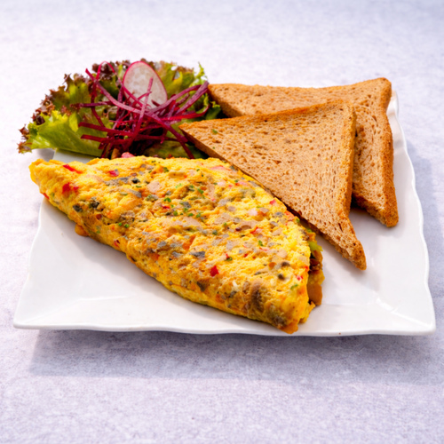 EGG OMLETTE STUFFED WITH MUSHROOM,CAPSICUM AND CHEESE WITH BROWN BREAD